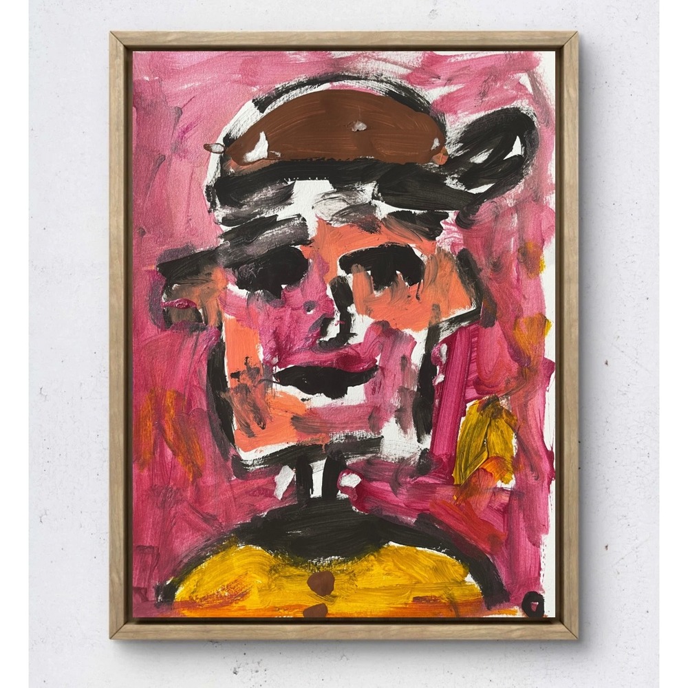 Original Abstract Portrait Painting Neo-Expressionist Pink Yellow 9x12 on Paper